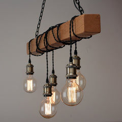 Handmade Rustic Wooden Chandelier - Wood Beam Industrial Pendant Lamp